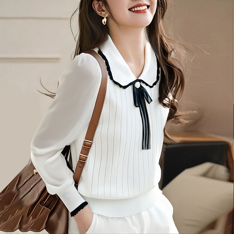 Bow short sleeve spring and summer lapel knitted tops