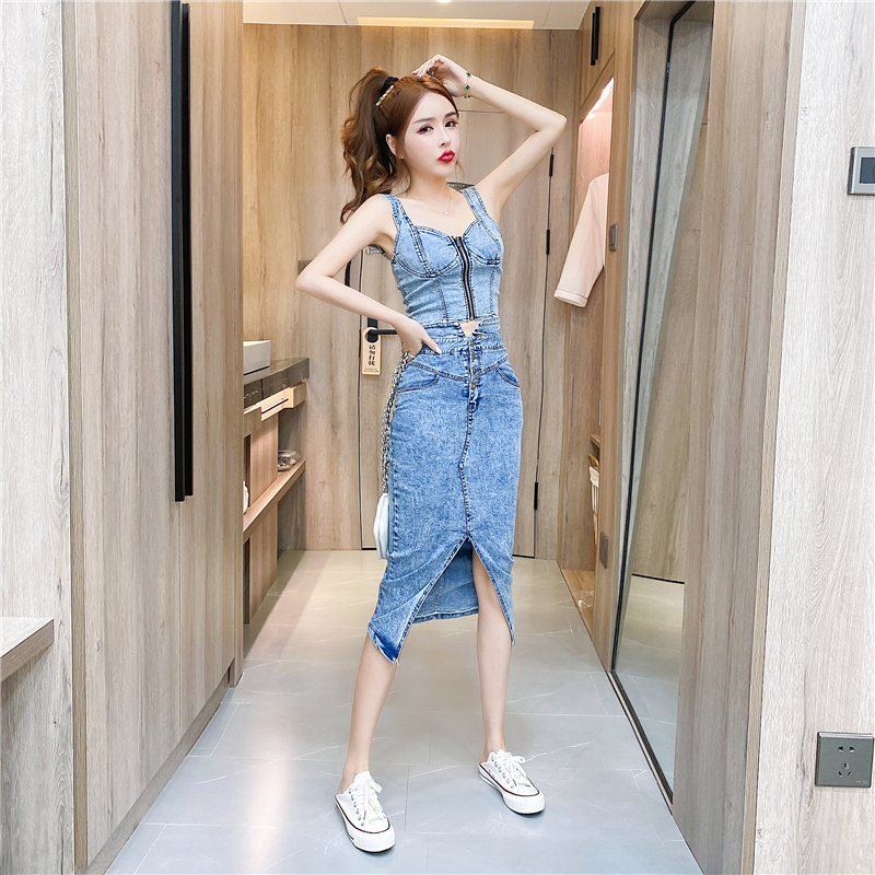 Fashion summer package hip long skirt sexy strap denim tops a set