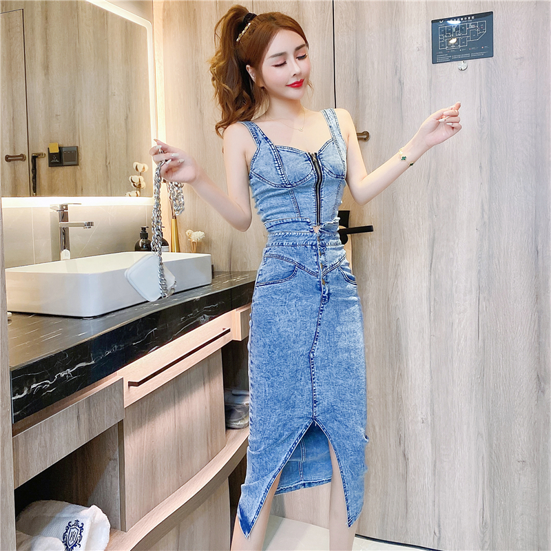 Fashion summer package hip long skirt sexy strap denim tops a set