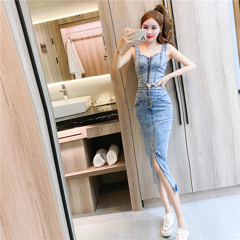 Fashion summer package hip long skirt sexy strap denim tops a set