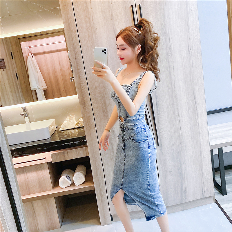 Fashion summer package hip long skirt sexy strap denim tops a set