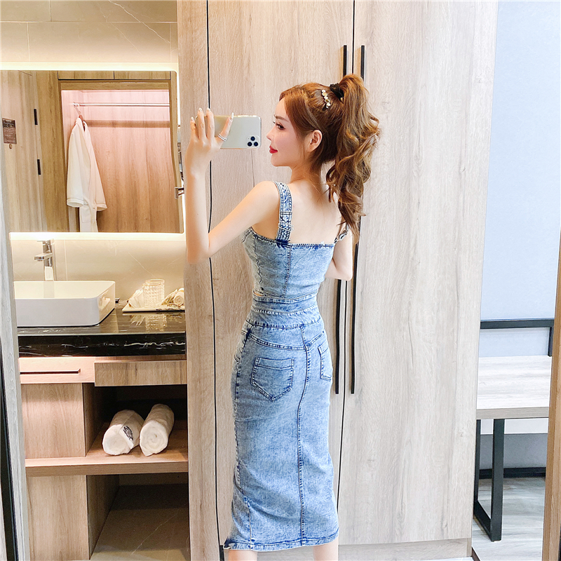 Fashion summer package hip long skirt sexy strap denim tops a set