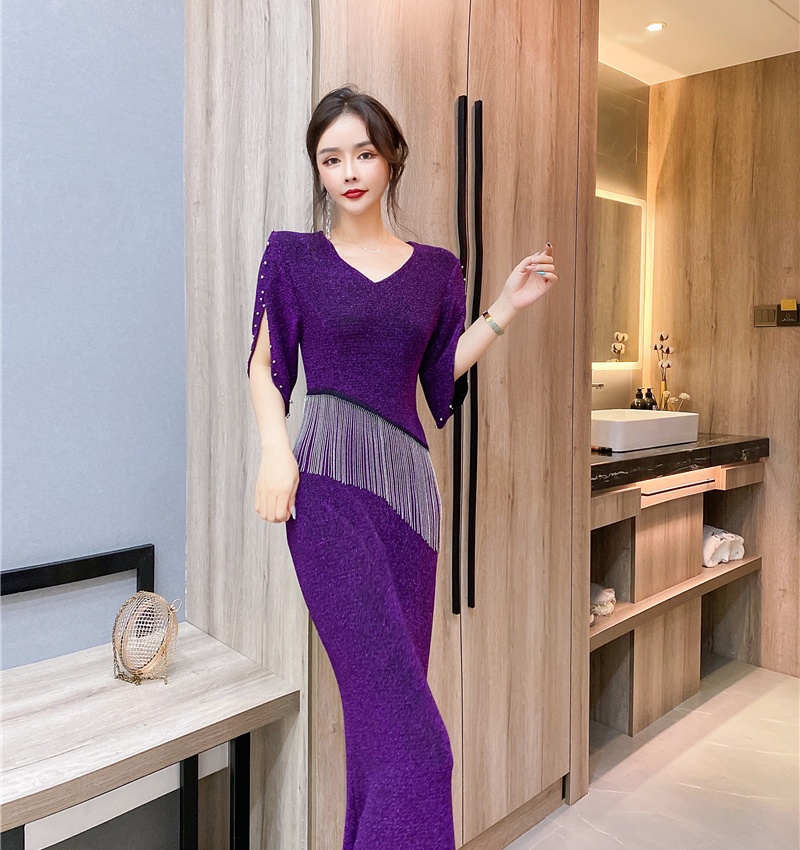 Elegant summer tassels long dress V-neck beading dress