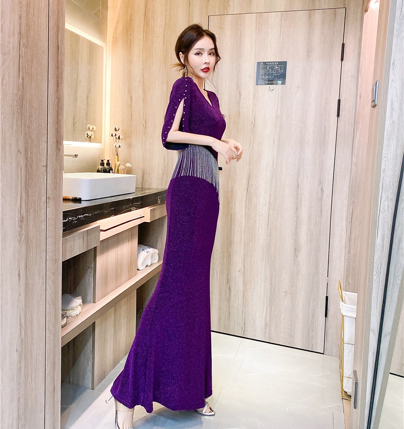 Elegant summer tassels long dress V-neck beading dress