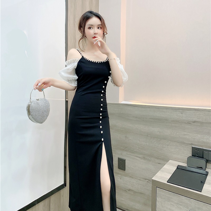 Irregular sling beading long dress fashion strapless dress