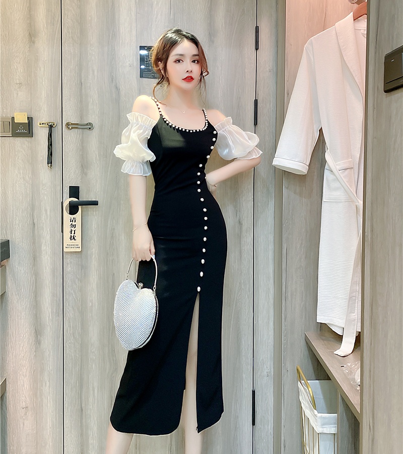 Irregular sling beading long dress fashion strapless dress