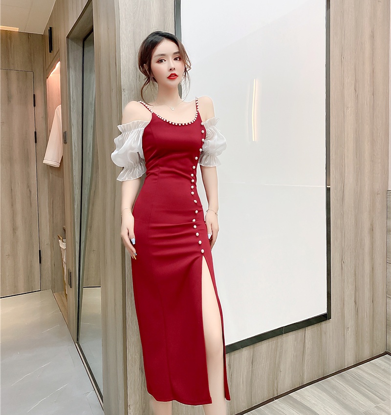 Irregular sling beading long dress fashion strapless dress