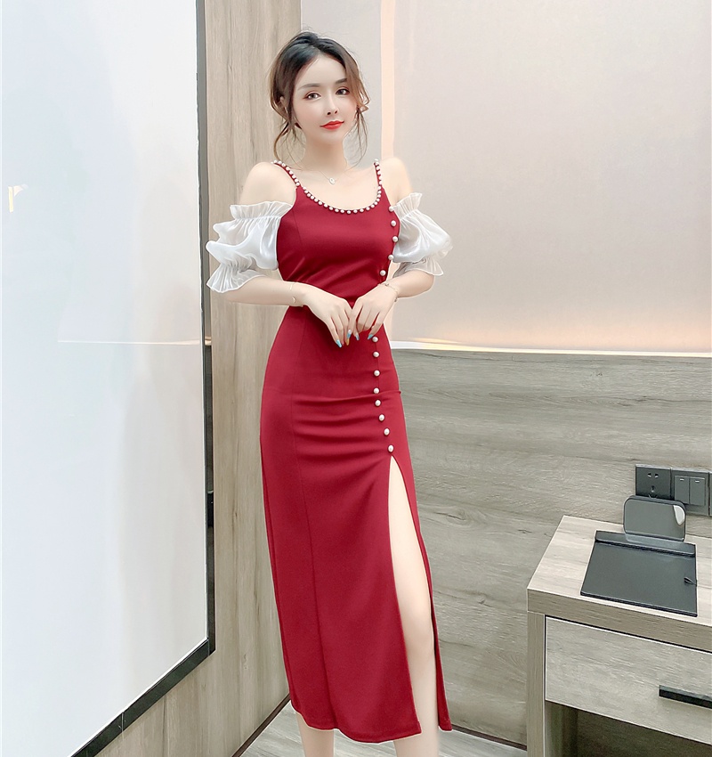 Irregular sling beading long dress fashion strapless dress