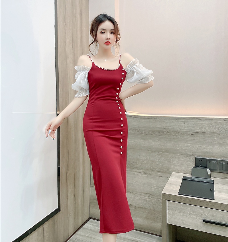 Irregular sling beading long dress fashion strapless dress