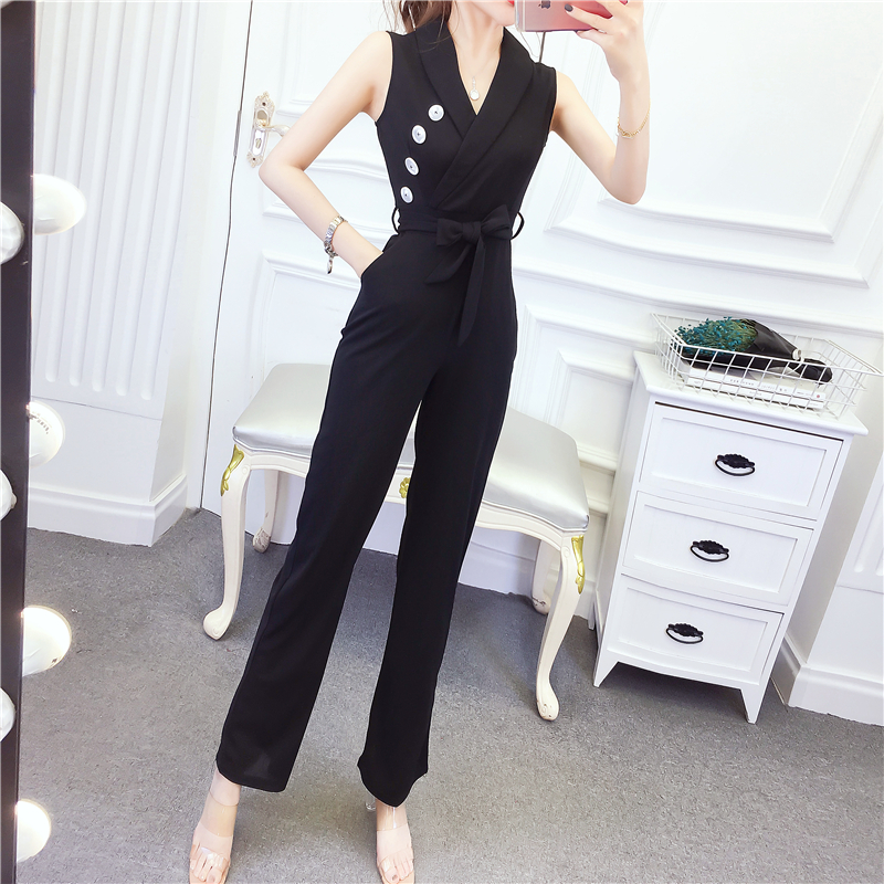 Fashion single-breasted jumpsuit lapel long pants