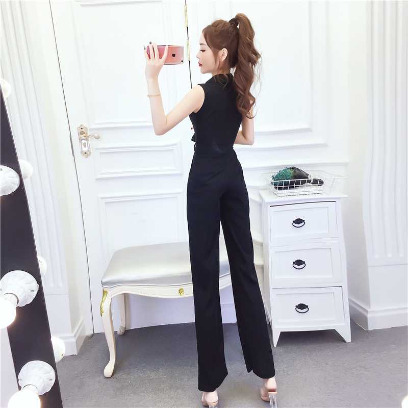 Fashion single-breasted jumpsuit lapel long pants