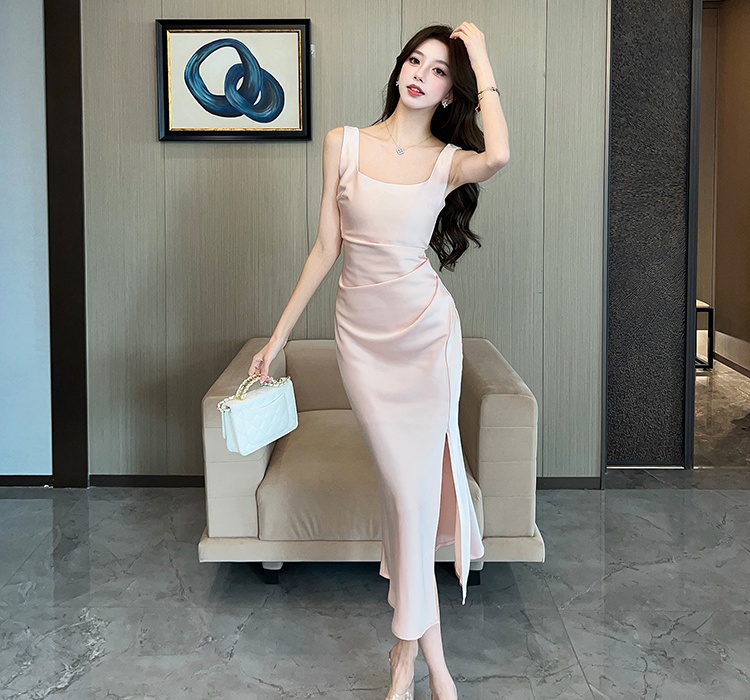 Satin spring and summer dress enticement silky long dress