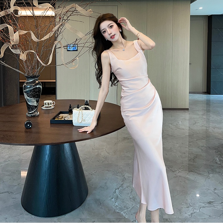 Satin spring and summer dress enticement silky long dress