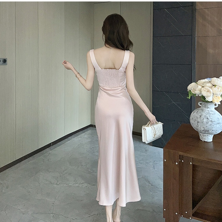 Satin spring and summer dress enticement silky long dress