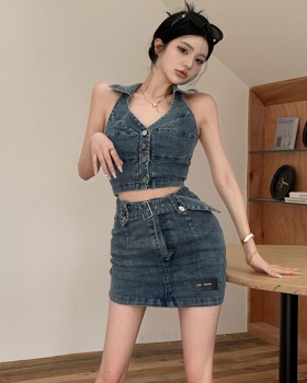 High waist denim vest package hip summer skirt 2pcs set