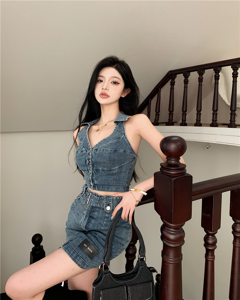 High waist denim vest package hip summer skirt 2pcs set