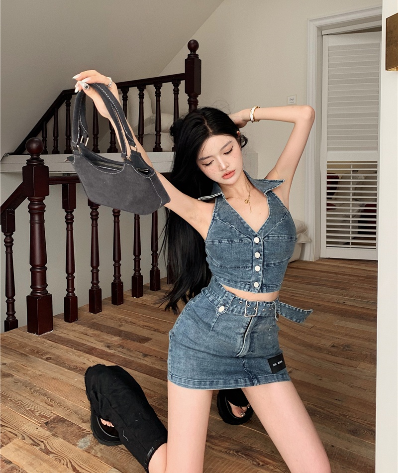 High waist denim vest package hip summer skirt 2pcs set