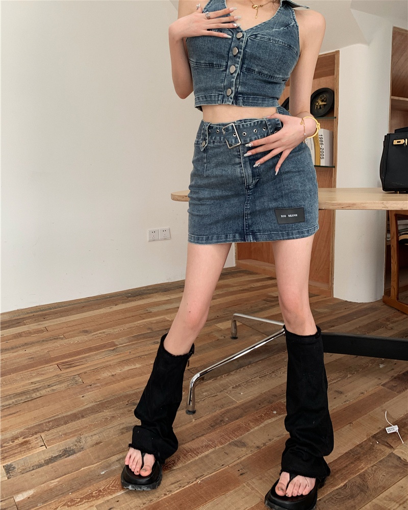 High waist denim vest package hip summer skirt 2pcs set