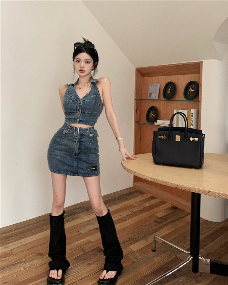 High waist denim vest package hip summer skirt 2pcs set