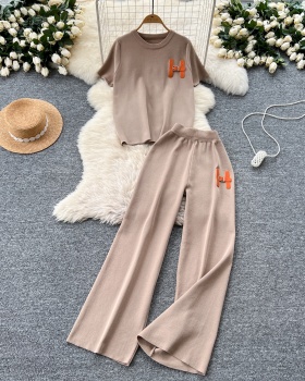 Letters wide leg pants show young sweater 2pcs set