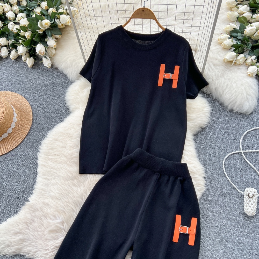 Letters wide leg pants show young sweater 2pcs set