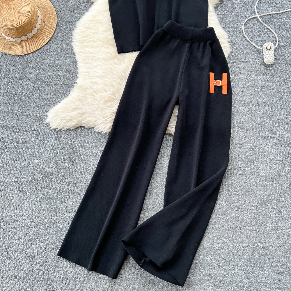 Letters wide leg pants show young sweater 2pcs set