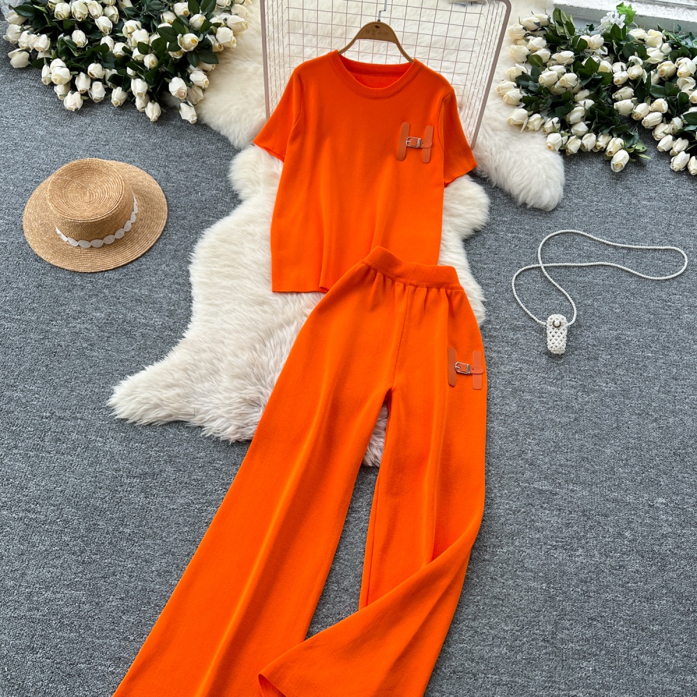 Letters wide leg pants show young sweater 2pcs set