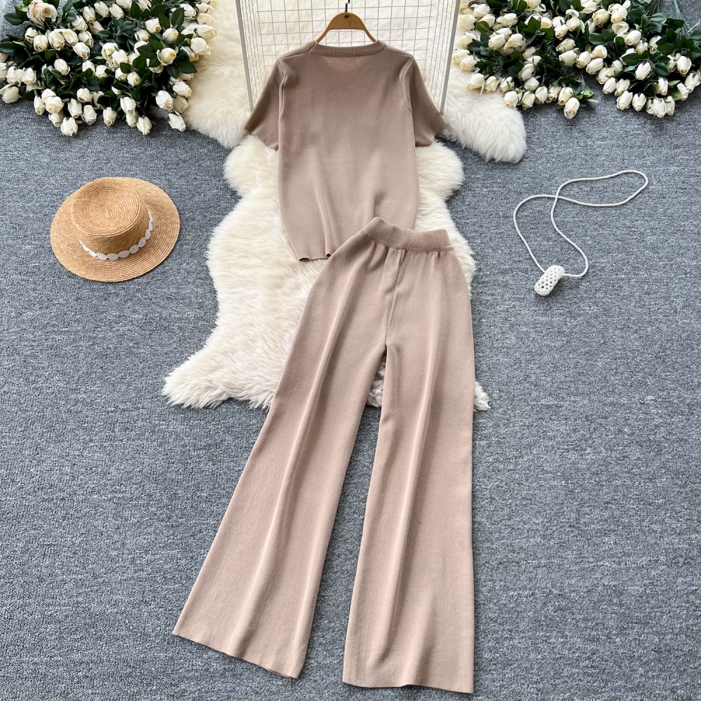 Letters wide leg pants show young sweater 2pcs set