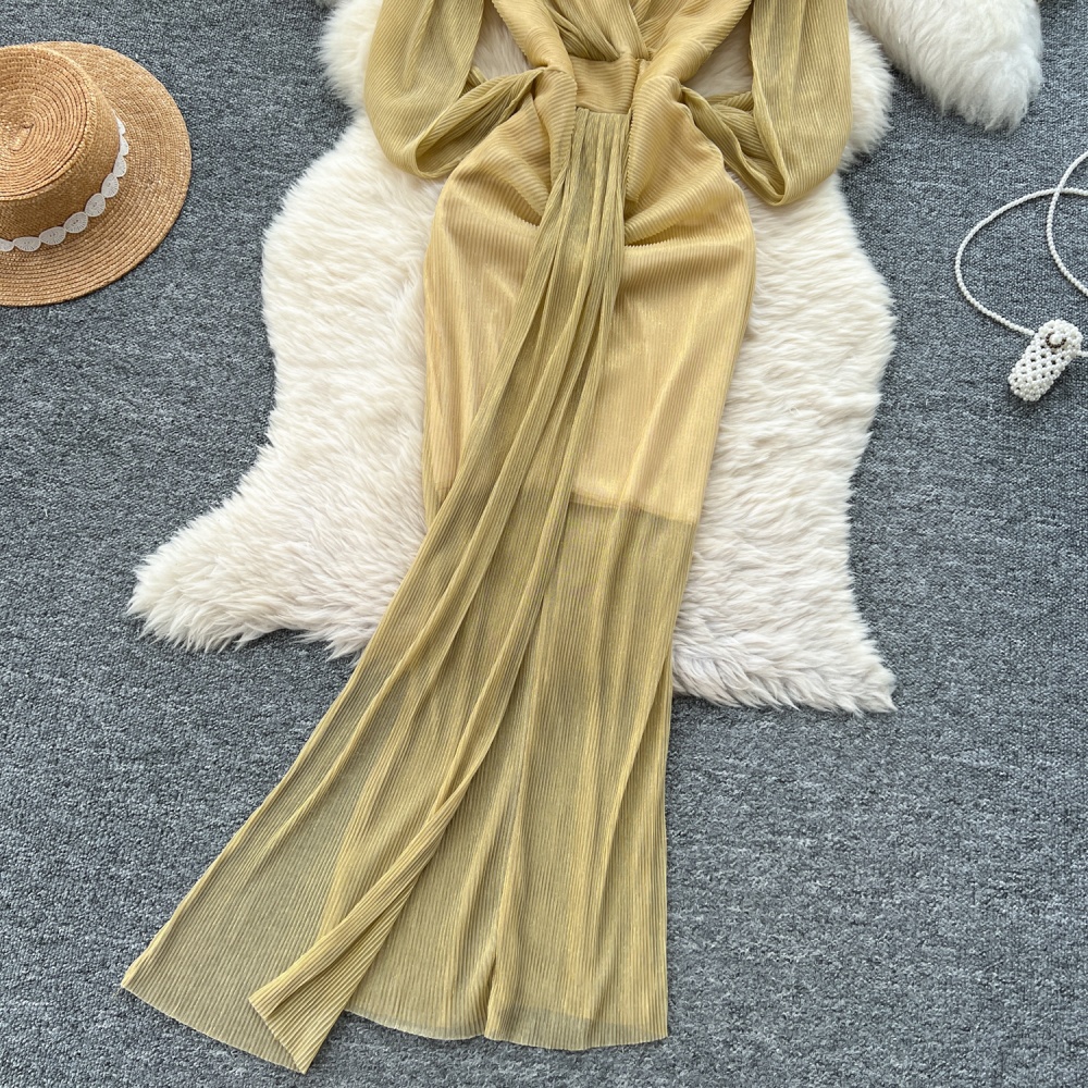 Sexy slim crimp dress V-neck package hip long dress