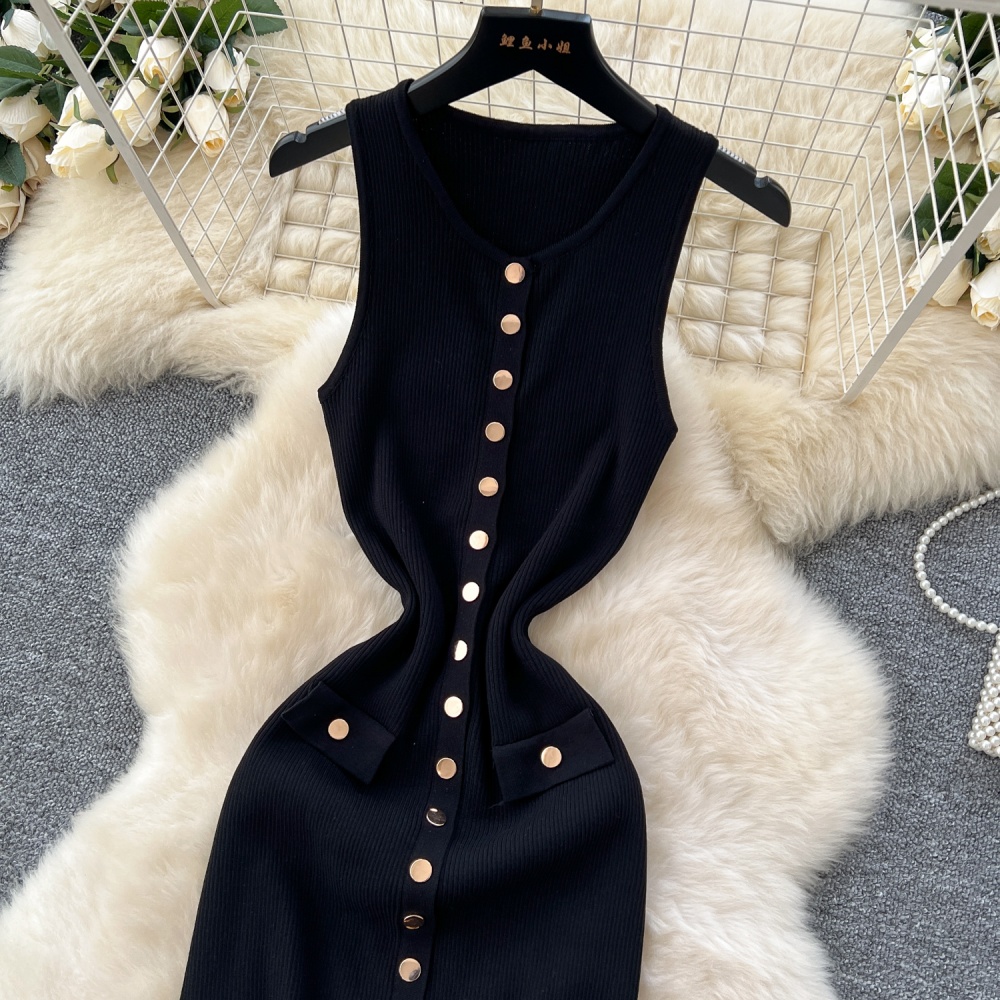 Round neck knitted long dress metal sleeveless dress