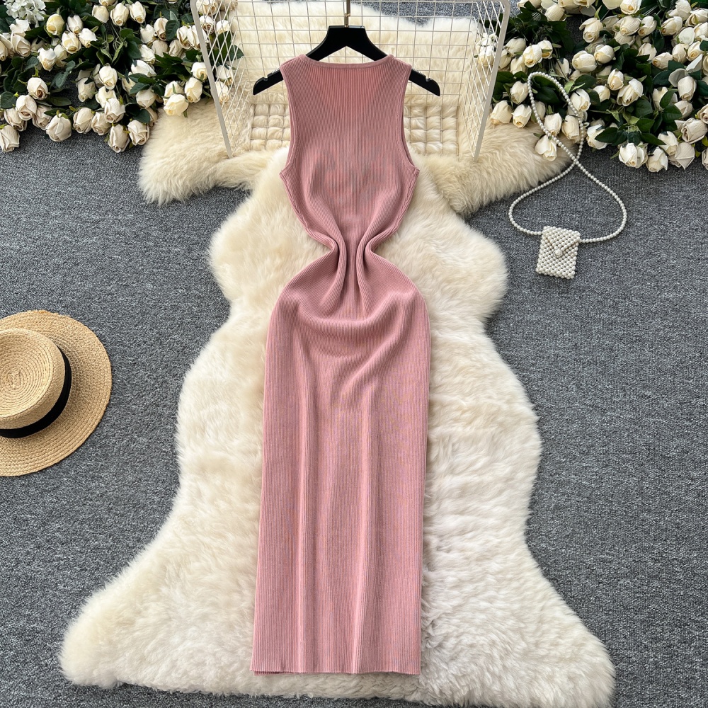 Round neck knitted long dress metal sleeveless dress