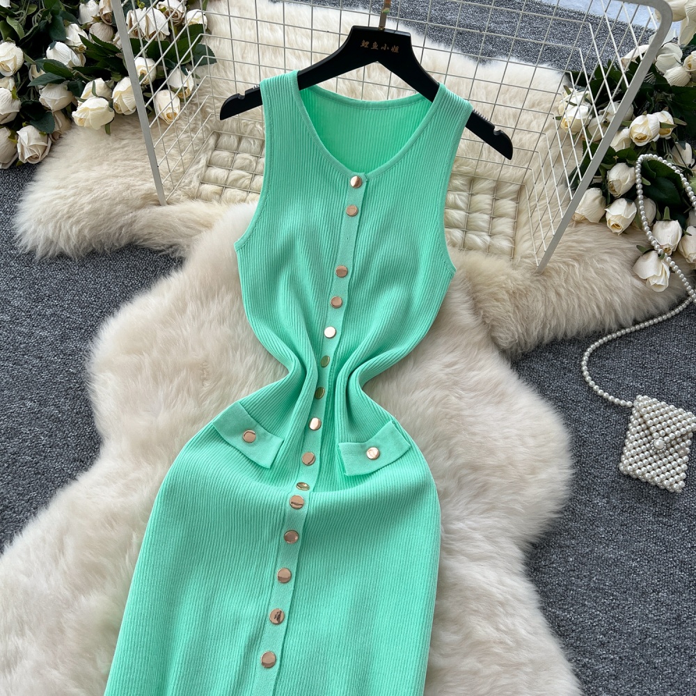 Round neck knitted long dress metal sleeveless dress