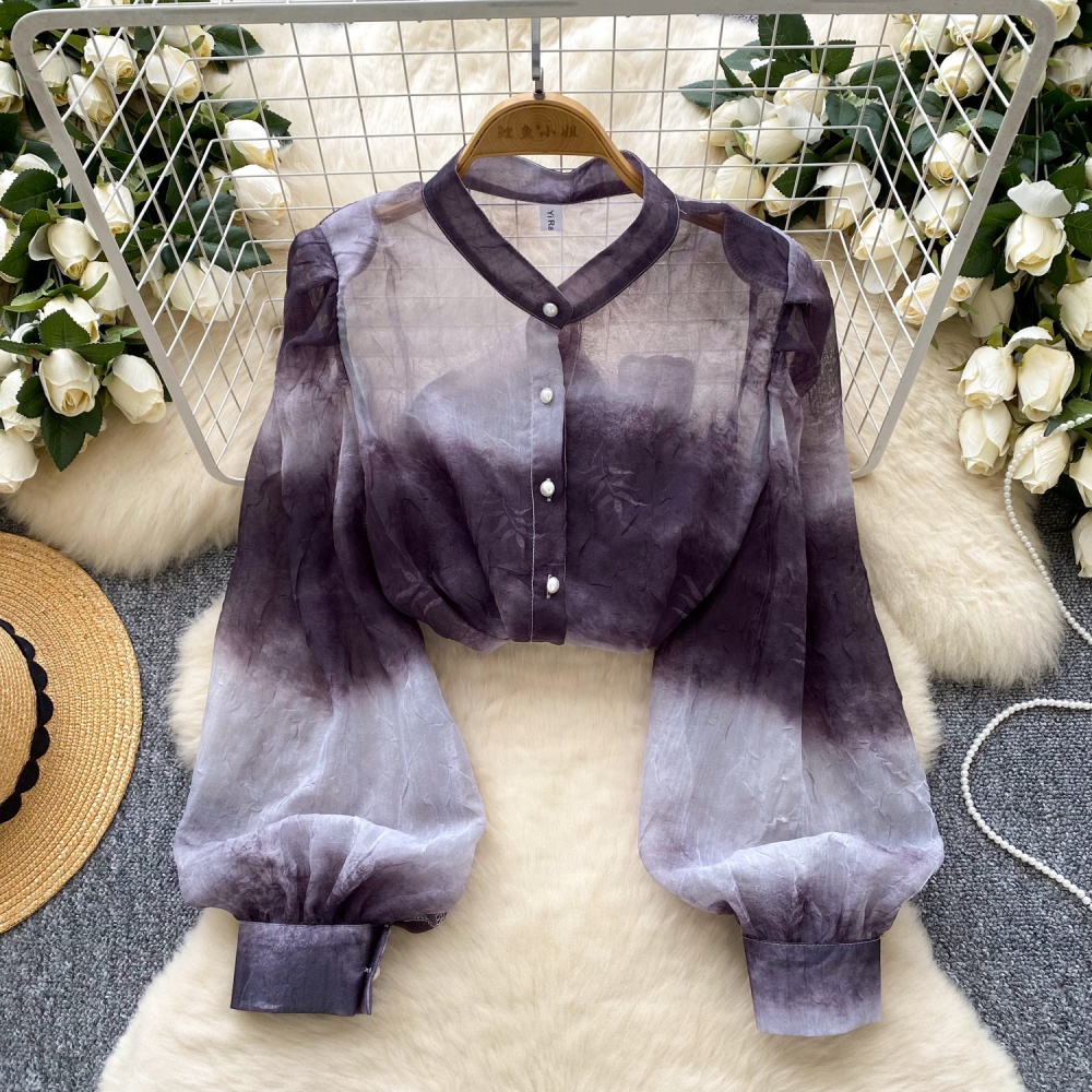 Thin printing elegant shirt breasted puff sleeve tops