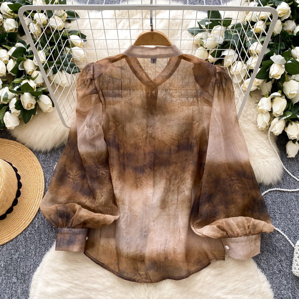 Thin printing elegant shirt breasted puff sleeve tops