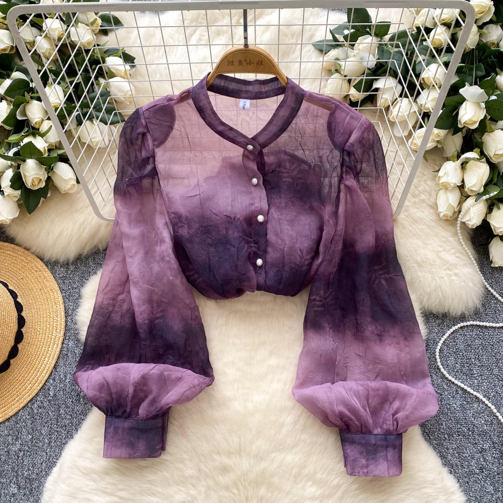 Thin printing elegant shirt breasted puff sleeve tops