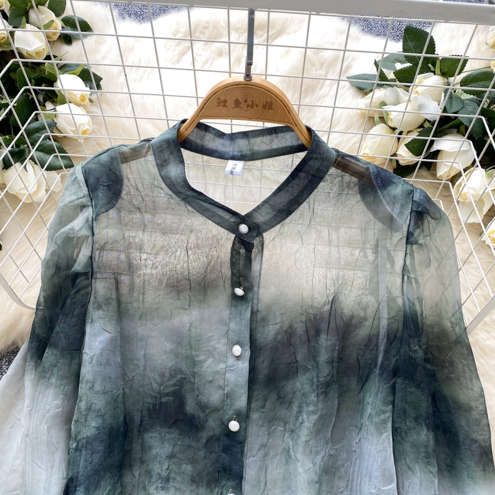 Thin printing elegant shirt breasted puff sleeve tops