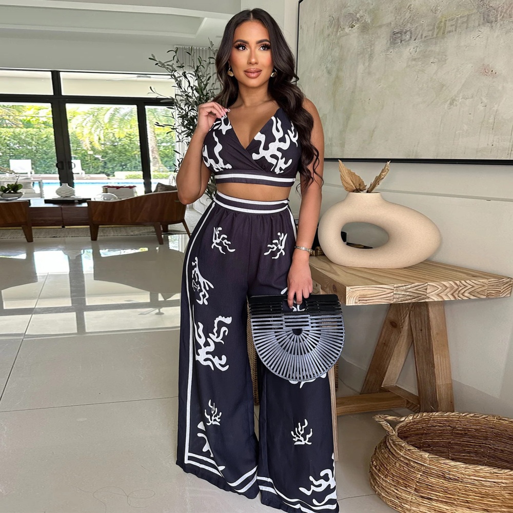 Printing sexy V-neck wide leg pants a set for women