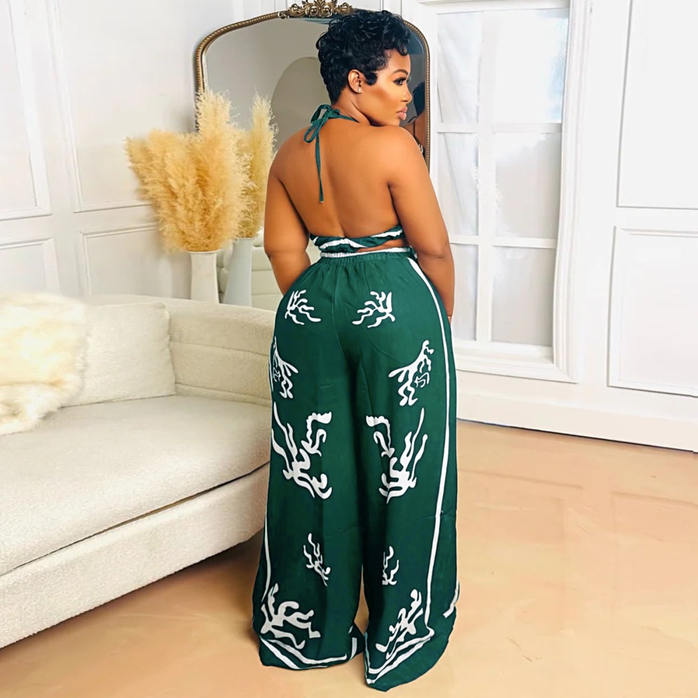 Printing sexy V-neck wide leg pants a set for women