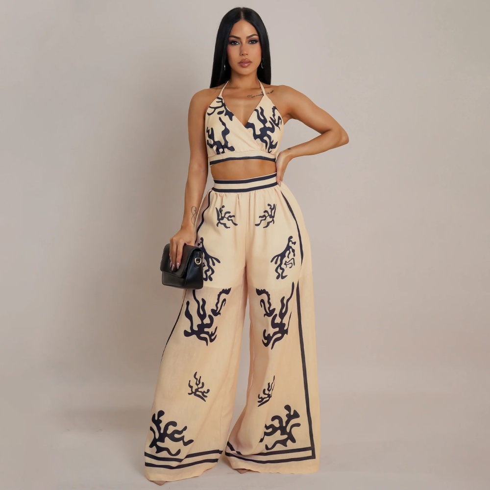 Printing sexy V-neck wide leg pants a set for women