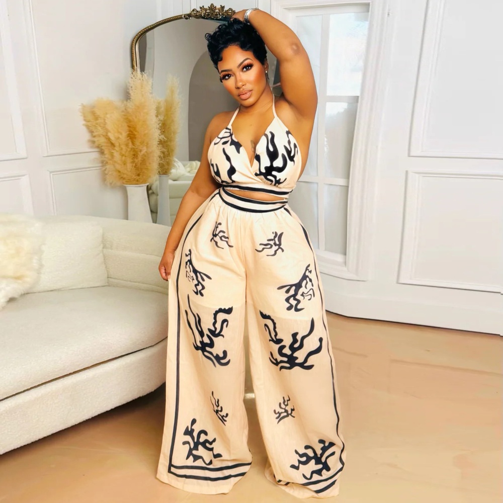 Printing sexy V-neck wide leg pants a set for women