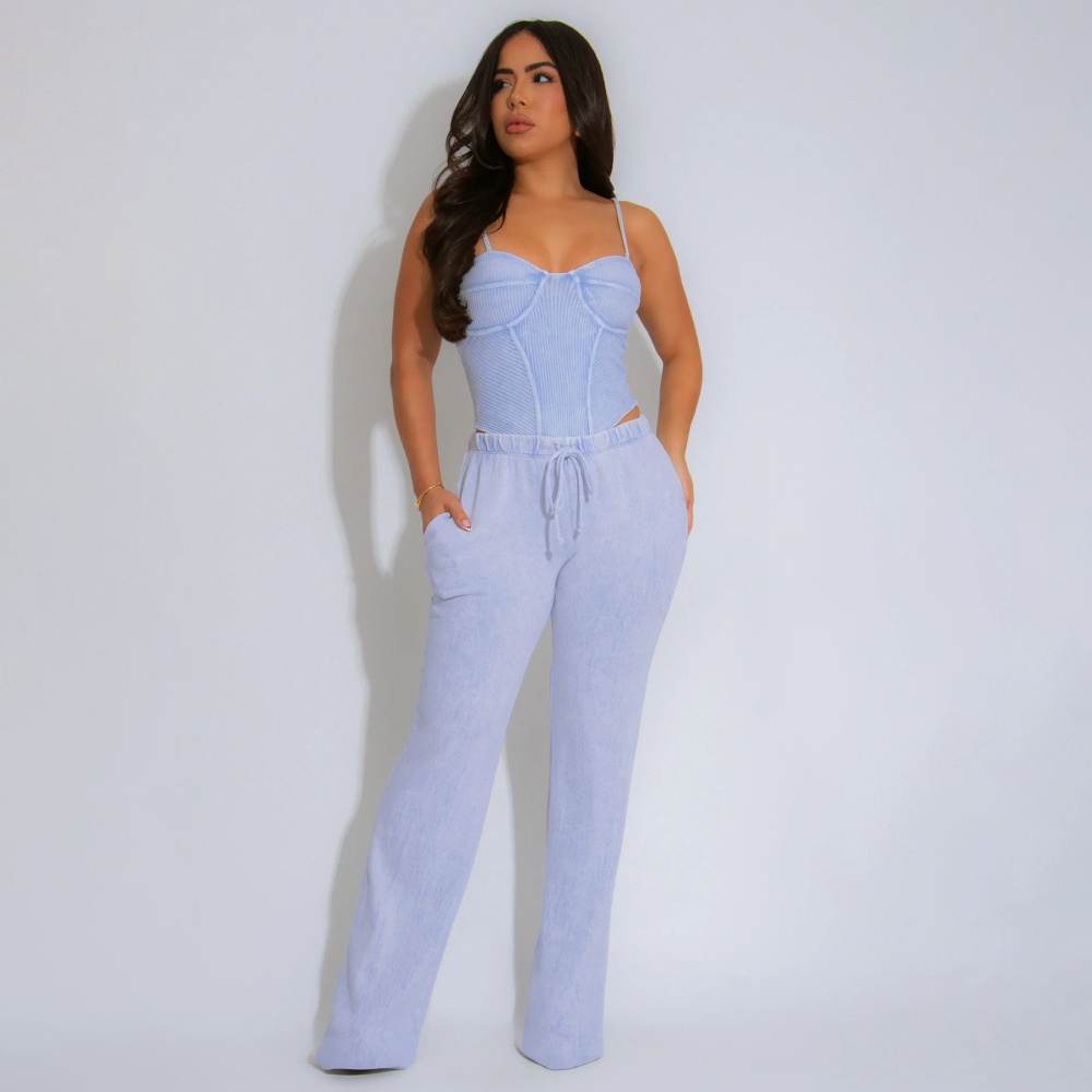 Retro halter tops pure cotton casual pants a set