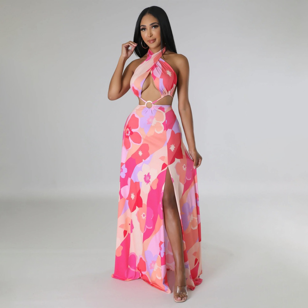 Split printing big skirt summer halter dress