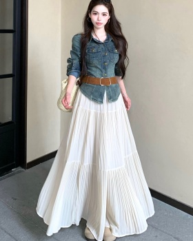 Slim denim skirt pinched waist coat 2pcs set for women