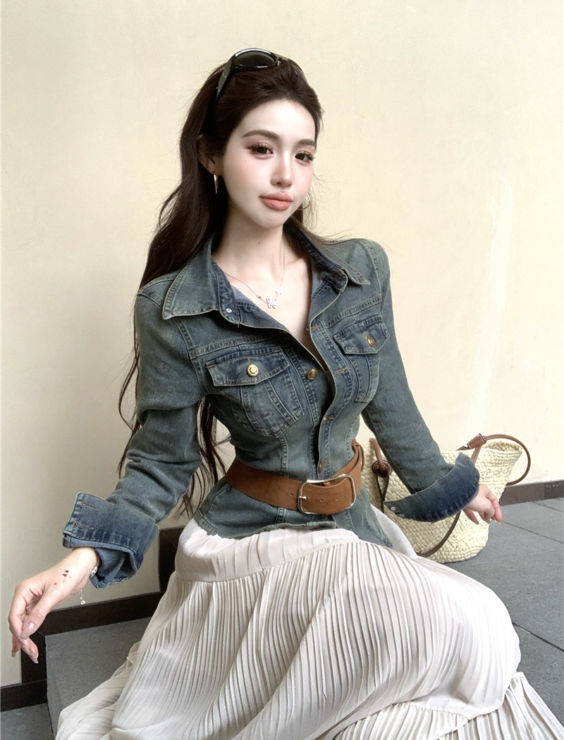 Slim denim skirt pinched waist coat 2pcs set for women