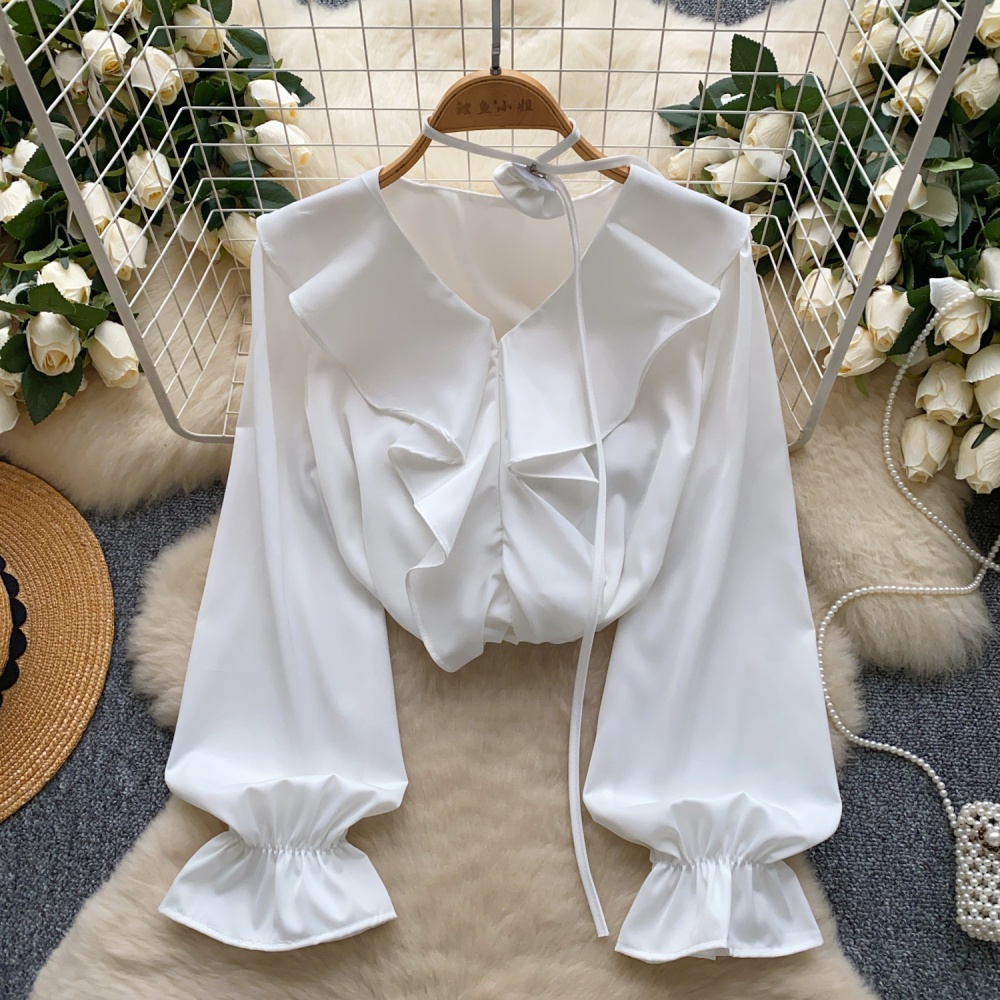 V-neck trumpet sleeves shirt lotus leaf edges tops for women