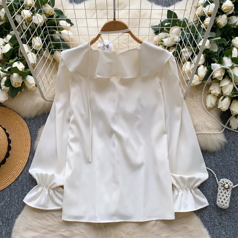 V-neck trumpet sleeves shirt lotus leaf edges tops for women