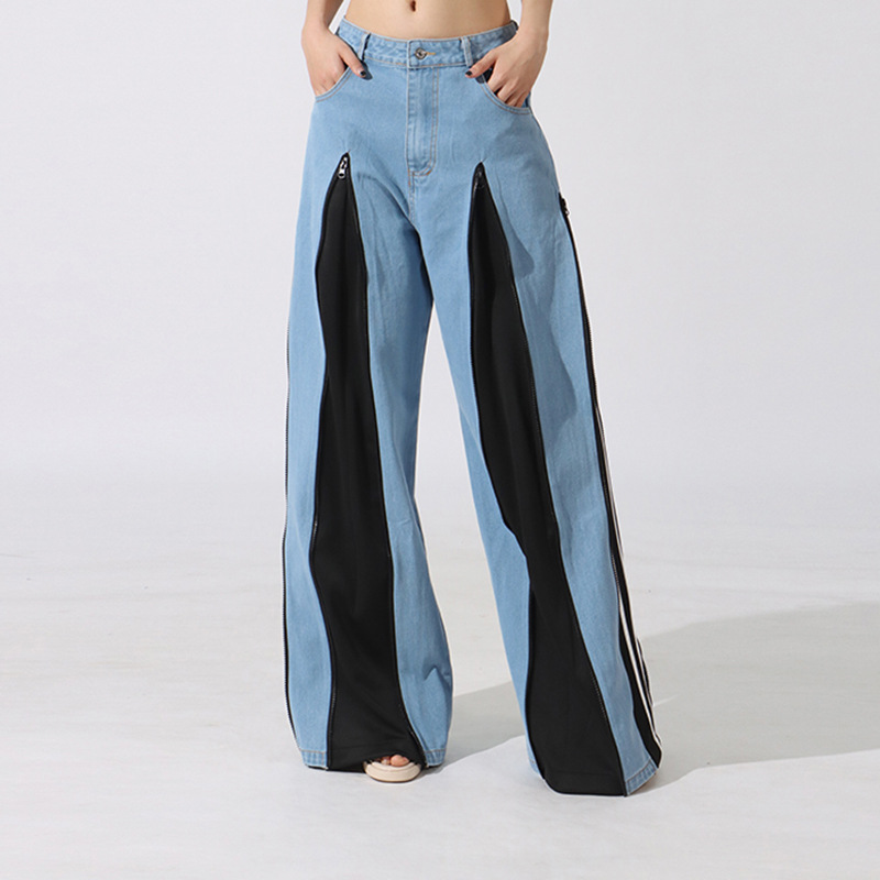 Split many zip jeans personality wide leg pants for women