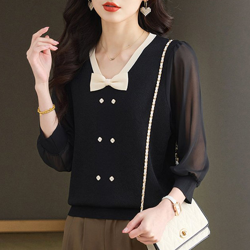 Knitted chiffon small shirt slim T-shirt for women