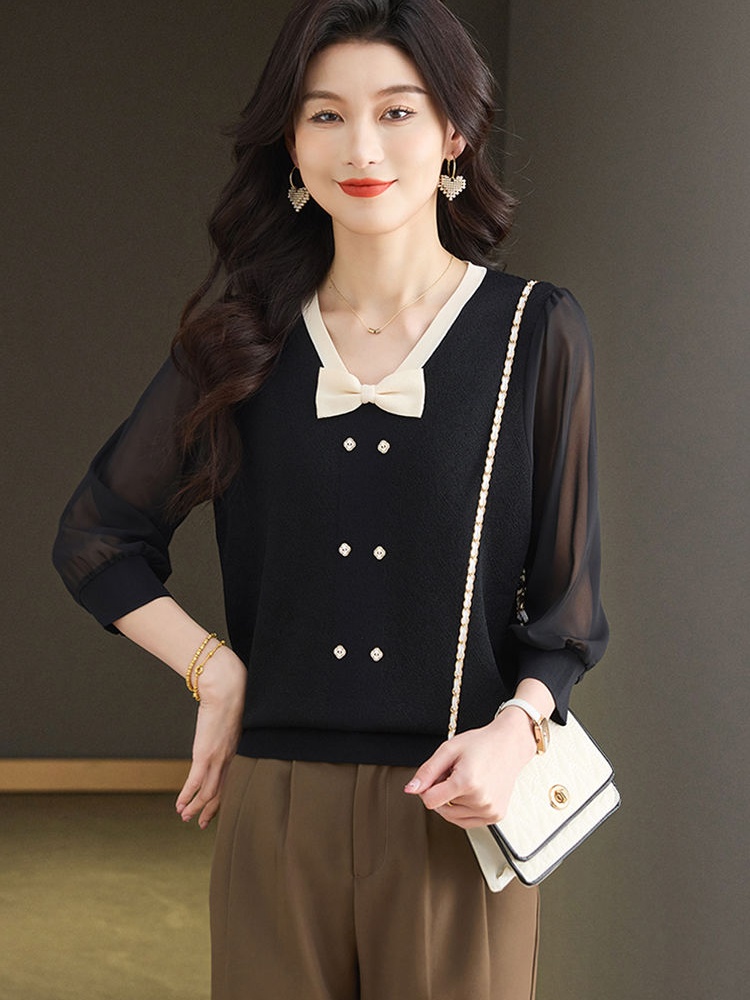 Knitted chiffon small shirt slim T-shirt for women