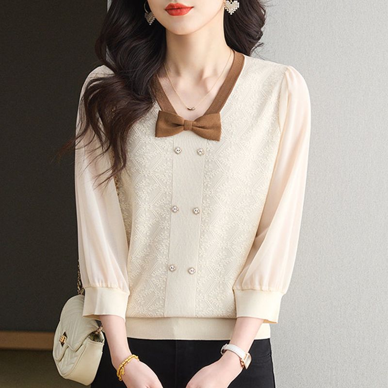 Knitted chiffon small shirt slim T-shirt for women